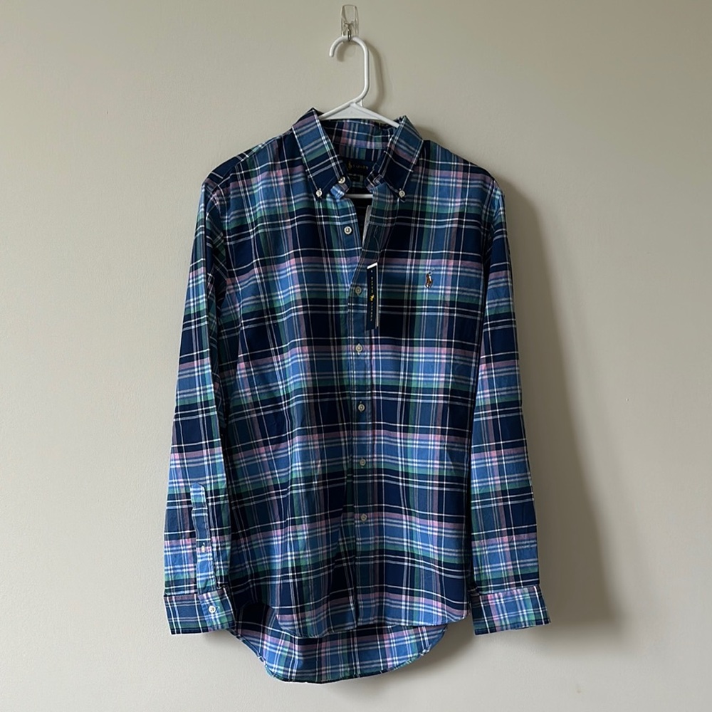 Blue and Green Casual Button Down Shirt with Plaid Design
